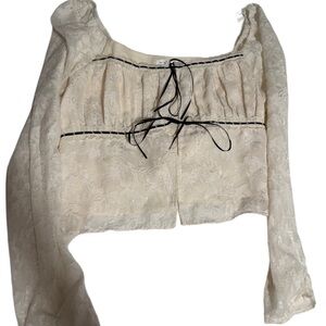 Altar'd State Cream Lace Long-Sleeve Square-Neck Crop Top with Black Ties